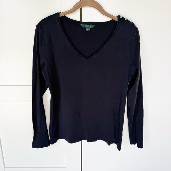 Lauren Ralph Lauren Tops - Lauren Ralph Lauren Women’s Long Sleeve V Neck LARGE- Black- Button Shoulder